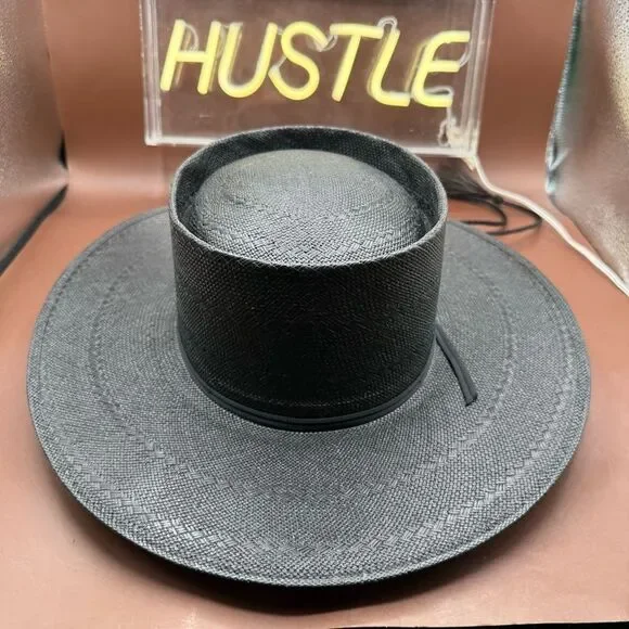 Larry Mahan Gambler Hat With Cord 6x Handwoven Shantung 7 Western Black USA - Picture 4 of 15